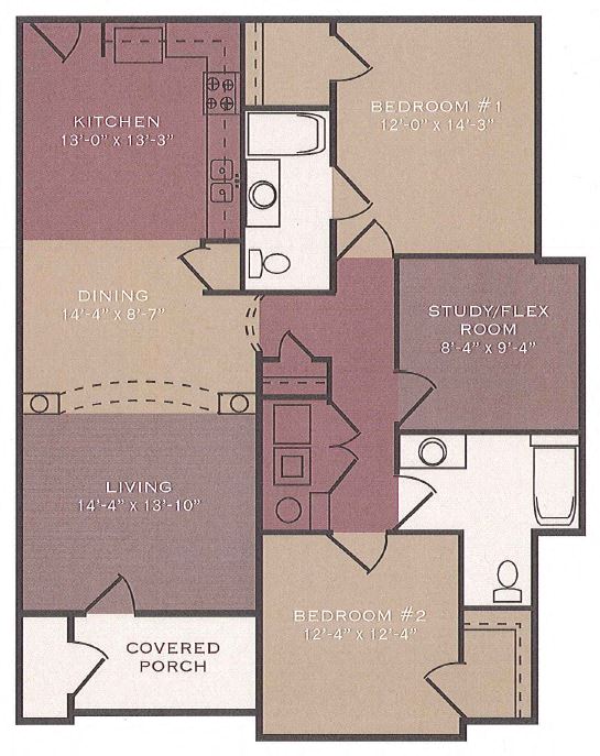 Floor plan for 2 beds, 2 baths, 1322 sqft